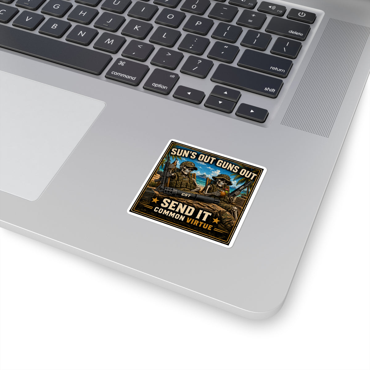 Square Sticker – "Sun's Out Guns Out" Military Skull Beach Design