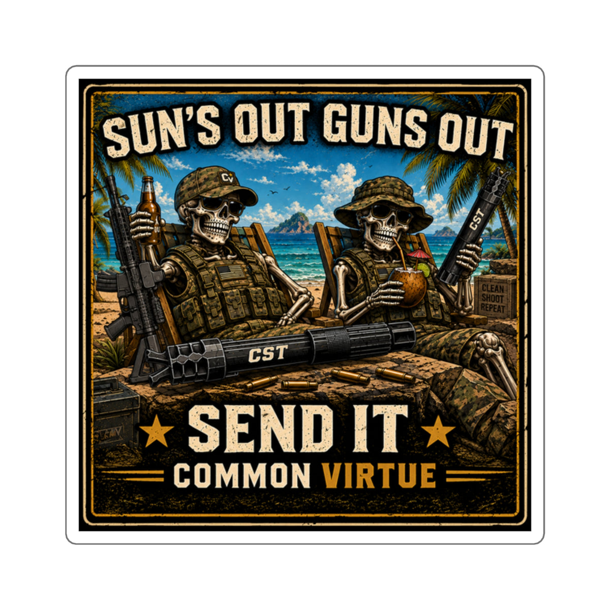 Square Sticker – "Sun's Out Guns Out" Military Skull Beach Design