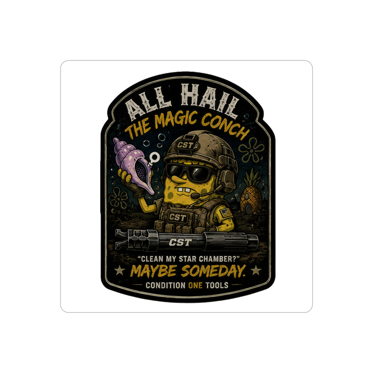 Die-Cut Outdoor Sticker — "All Hail the Magic Conch" Tactical Sponge Design