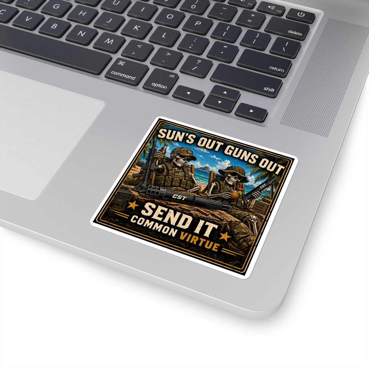 Square Sticker – "Sun's Out Guns Out" Military Skull Beach Design
